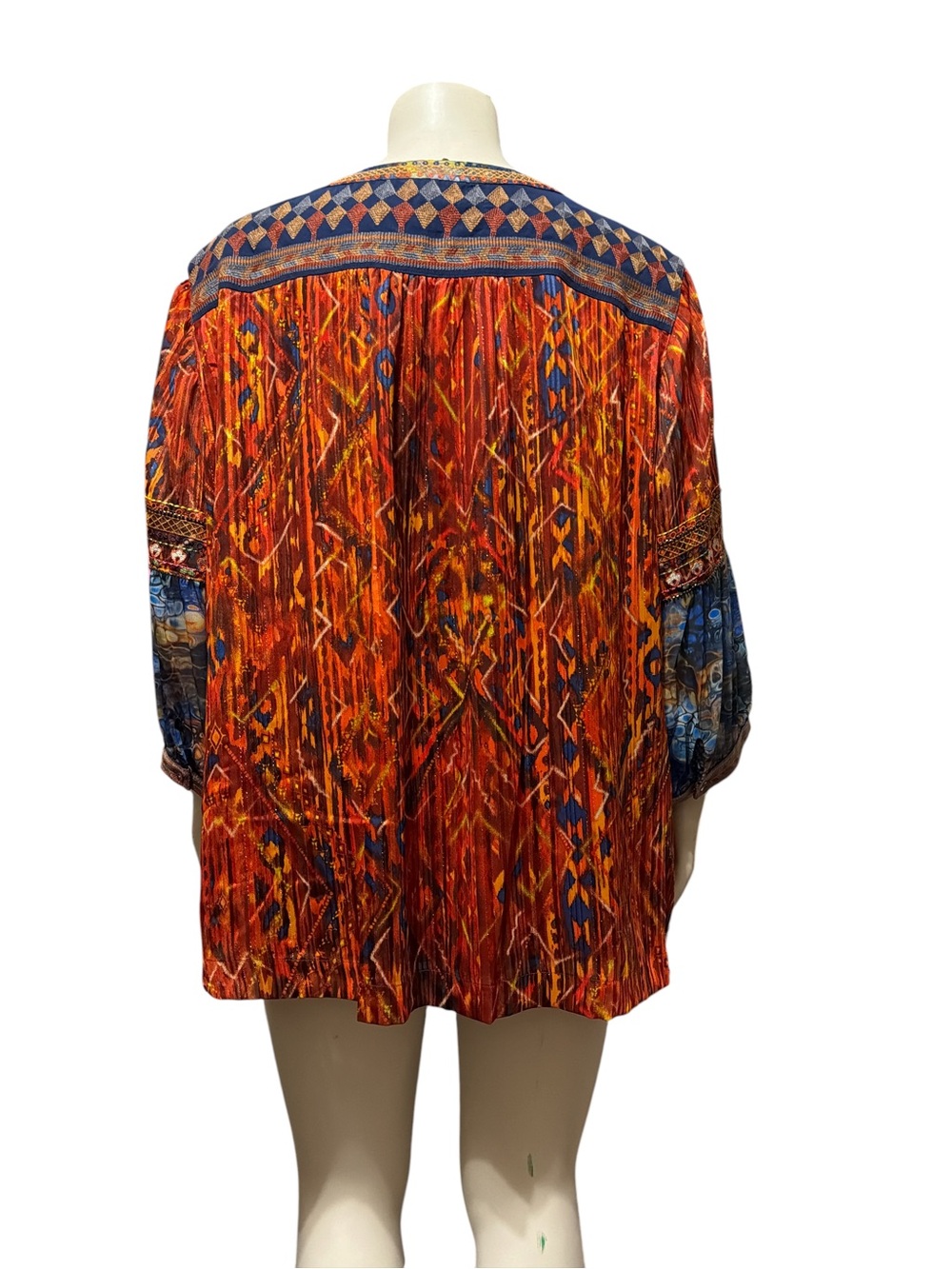 John Mark Autumn Hues Boho Tunic Top Plus 2X Ikat Print Embroidered Tassel Tie - Picture 8 of 13